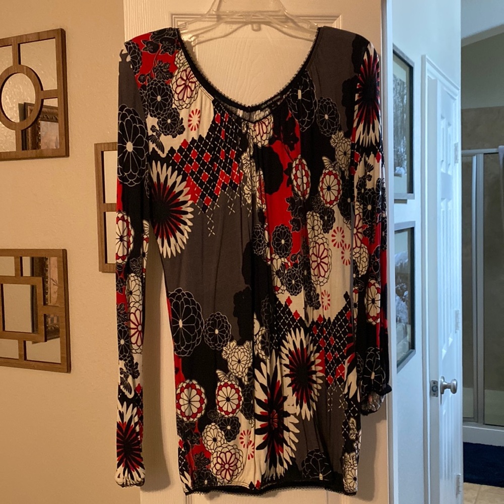 Red, black and grey top
